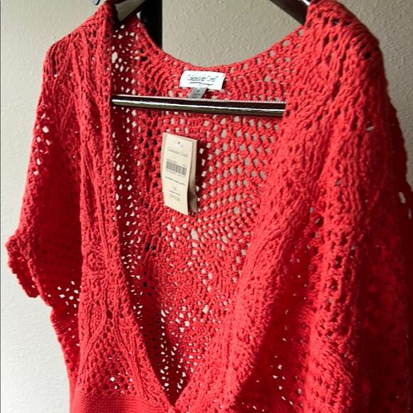 NWT Coldwater Creek Coral Crochet Craze Knit Short Sleeve Cardigan Sweater - 1X - Picture 5 of 10